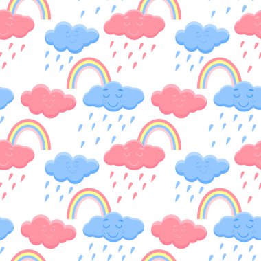 Gökkuşağı ve bulutlu kusursuz desen, vektör illüstrasyonu.