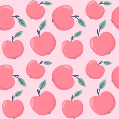 Elmalarla, vektörlerle sürekli desen. Meyveli, kusursuz bir arka plan. Pembe arka planda elmalı narin desen. Duvar kağıdı ya da ambalaj, el çizimi.