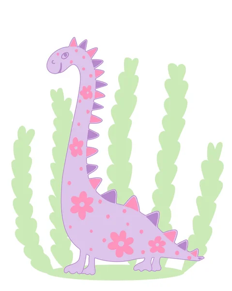 Dinosauro Carino Sfondo Fogliare Illustrazione Vettoriale Personaggio Infantile Animale Divertente — Vettoriale Stock