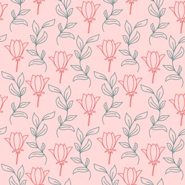 Çiçekler ve yapraklar pürüzsüz desen, vektör çizimi. Bitkisel bitki örtüsü geçmişi. Duvar kağıdı, ambalaj ve tekstil tasarımı için şablon.