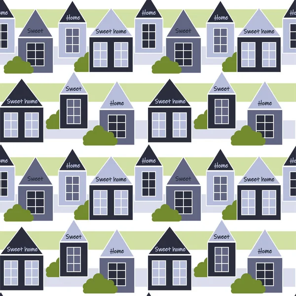Maisons Avec Des Buissons Sur Fond Rayé Motif Sans Couture — Image vectorielle