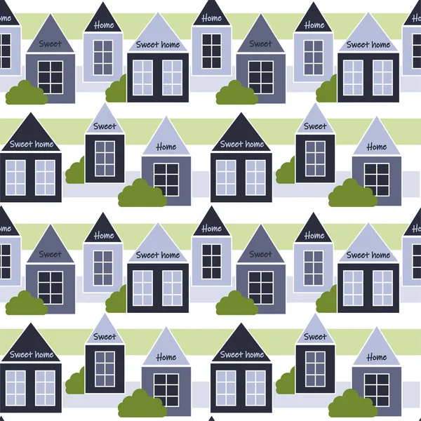Houses with bushes on a striped background seamless pattern, vector illustration. Different minimalistic houses in blueberry and gray colors. Sweet home lettering. Template for wallpaper, packaging, fabric and design.