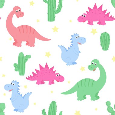 Dinozorlar, kaktüsler ve yıldızlar pürüzsüz desenler, vektör çizimleri. Şirin dinazorla çocuksu geçmişi tekrarlıyorsun. Çocuk odası, duvar kağıdı, tekstil ve kumaş şablonu.