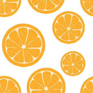 Sulu portakal deseni, vektör çizimi. Turuncu meyveli kusursuz parlak yaz arkaplanı. Katı duvar kağıdı, turunçgiller..