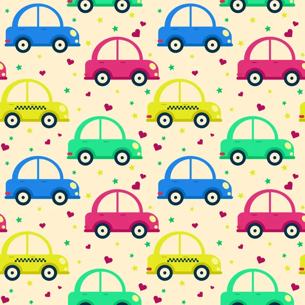 Pattern baby cars of different colors on a creamy background, vector illustration. — Stock Vector