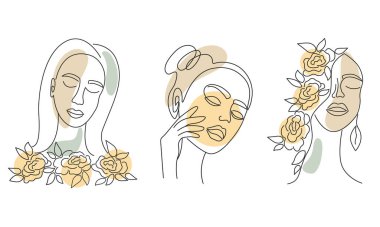 Bir grup kız çizgisi sanat vektörü çizimi. Genç ve güzel kadınların minimalist portreleri. Kadın resmi, el çizimi.