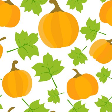 Pumpkin and leaves pattern autumn vector illustration. Background with vegetables, harvest. Thanksgiving template for wallpaper, background and packaging.