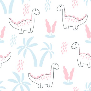 Dinozorlar ve avuç içi vektör çizimleriyle desen. Kusursuz şirin bebek geçmişi. Çocuk kıyafetleri, ambalaj, kumaş, duvar kağıdı şablonu. Hayvanlar pastel açık renklerdir..