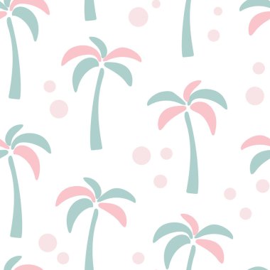 Alışılmadık renkli avuç içi vektör illüstrasyonlu kusursuz desen. Egzotik tropikal ağaçları olan şirin pastel bir arka plan. Duvar kağıdı, tekstil, ambalaj ve tasarım için şablon.