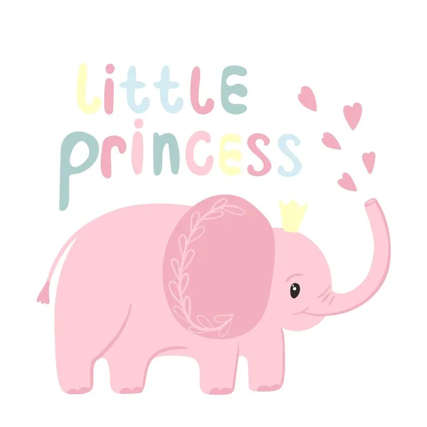 Rózsaszín Elefánt Koronával Kézírásos Kis Hercegnővel Üdvözlőlap Bébi Elefánttal Aranyos — Stock Vector