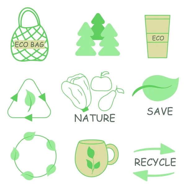 Eco Friendly Vector Illustration Set Conservation Natural Resources Processing Care — Stock Vector