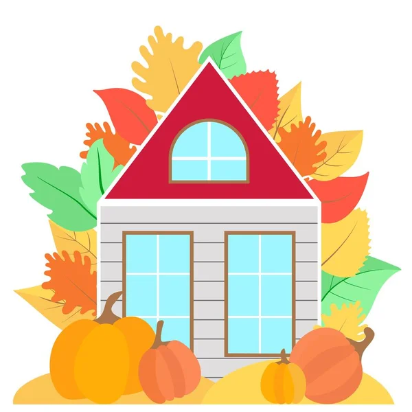 Maison d'automne avec feuilles colorées et vecteur de citrouilles. — Image vectorielle