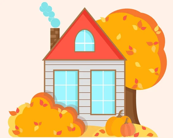 Autumn landscape with a house, tree, bushes and leaves. Vector illustration — Stock Vector