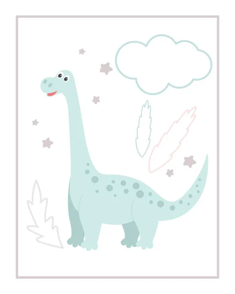 Şirin Dinozor Bulut Yapraklı Bebek Kartı Vektör Çizimi Kartpostal Resim — Stok Vektör