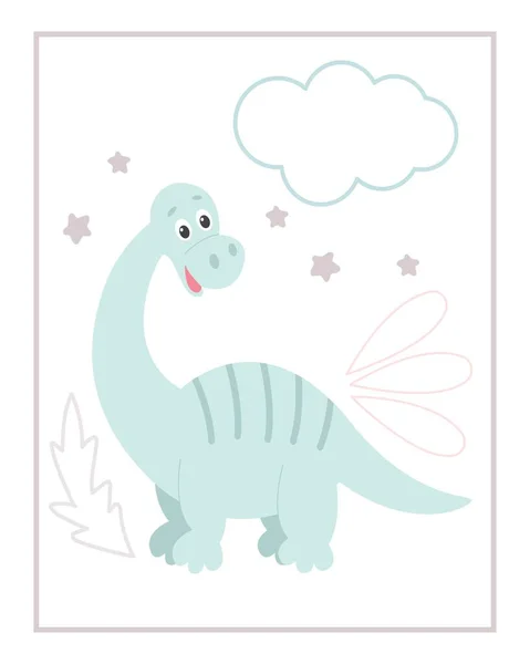 Dinozor Bulut Yapraklı Çocuk Kartı Vektör Çizimi Kartpostal Resim Desen — Stok Vektör