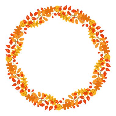 Sonbahar yapraklı dairesel simetrik çember. Çeşitli parlak sonbahar çarşaflarından bir çelenk. Yuvarlak çerçeve, kartpostallar için şablon ya da tebrikler. Vektör sonbahar mevsimsel illüstrasyonuName.