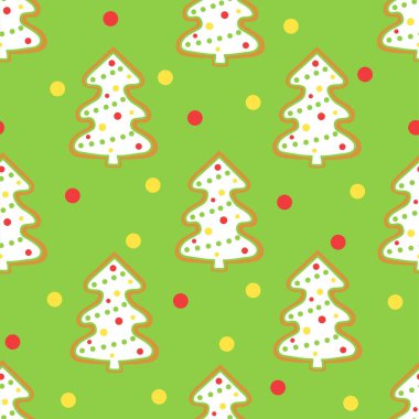 Noel ve Yeni Yıl köknar ağaçlarıyla kusursuz desen. Noel ağacı şeklinde zencefilli ekmek içeren vektör arkaplan. Çam ağaçlarıyla süslenmiş çelenkler ve toplarla. Hediye paketleme kağıdı, duvar kağıdı ve kumaş şablonu.