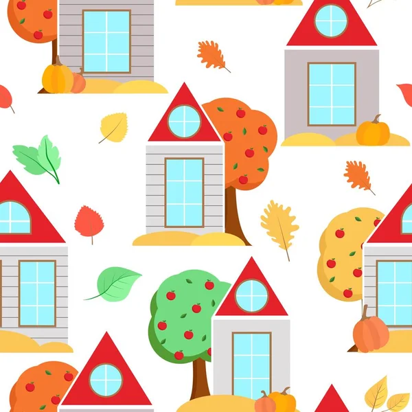 Houses Autumn Trees Leaves Pumpkins Autumn Background Colored Bright Leaves — Stock Vector