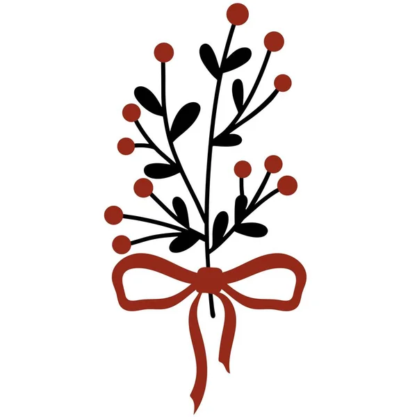 Kırmızı Böğürtlenli Siyah Dal Yay Vektör Çizimi Geleneksel Böğürtlen Noel — Stok Vektör