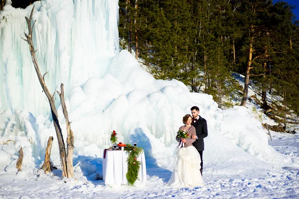 Жених с невестой зимой — стоковое фото