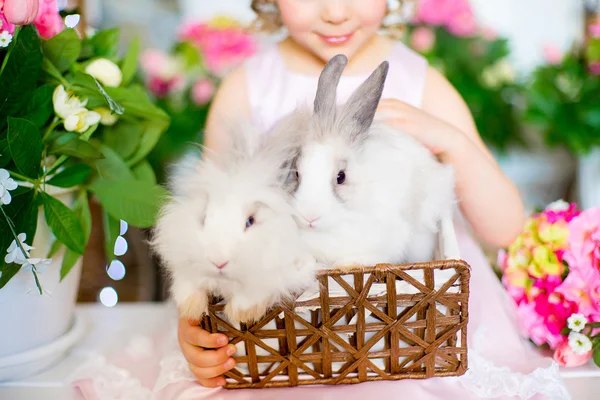 Two white fluffy bunnies in a basket — Stock Photo, Image