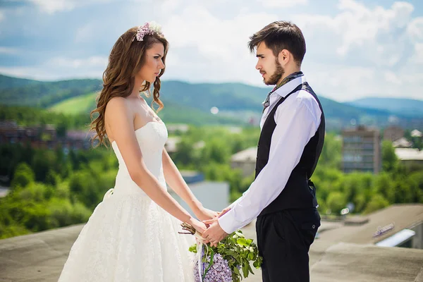 A vőlegény és a menyasszony a tetőn — Stock Fotó