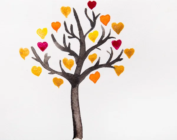 Δέντρο με πολύχρωμες καρδιές μια ακουαρέλα — Φωτογραφία Αρχείου