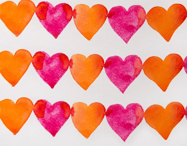 Kırmızı ve turuncu kalpler suluboya — Stok fotoğraf