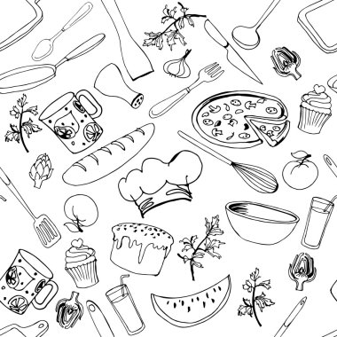 Seamless pattern of kitchen items. Vector illustrations.