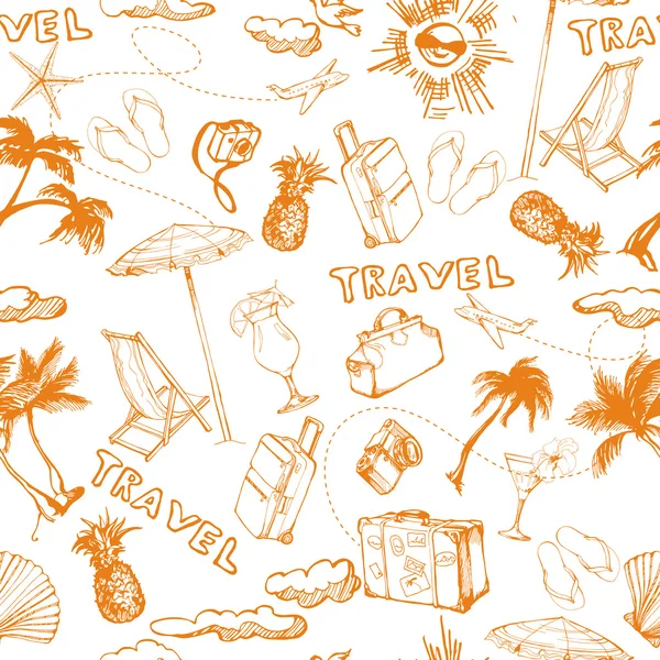 Viaje sem costura fundo. Padrão de férias de verão desenhado à mão. Ilustração vetorial —  Vetores de Stock