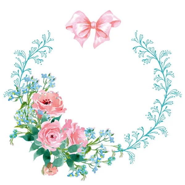 Marco floral. Una corona de acuarela floreciendo Ranunculus y Myosotis. .. Perfecto para invitaciones de boda y tarjetas de cumpleaños. Vector de plantilla . — Archivo Imágenes Vectoriales