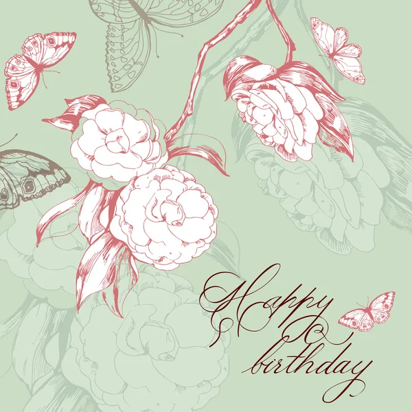 Geburtstagskarte mit blühenden Kamelien und Schmetterlingen. Vektorillustration. — Stockvektor