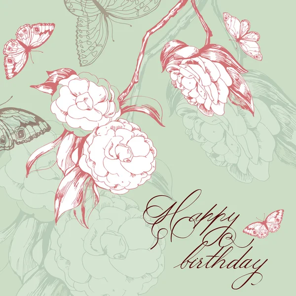 Vintage Birthday card with blooming Camellia and with butterflies. Vector illustration. — Stock vektor