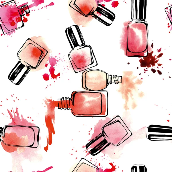 Padrão sem costura aquarela com esmalte de unhas. Ilustração vetorial . — Vetor de Stock