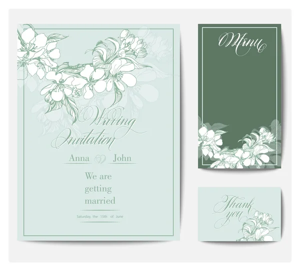 Wedding invitation cards with a blossoming Apple tree branch. (Use for Boarding Pass, invitations, thank you card.) Vector illustration. — Stock Vector