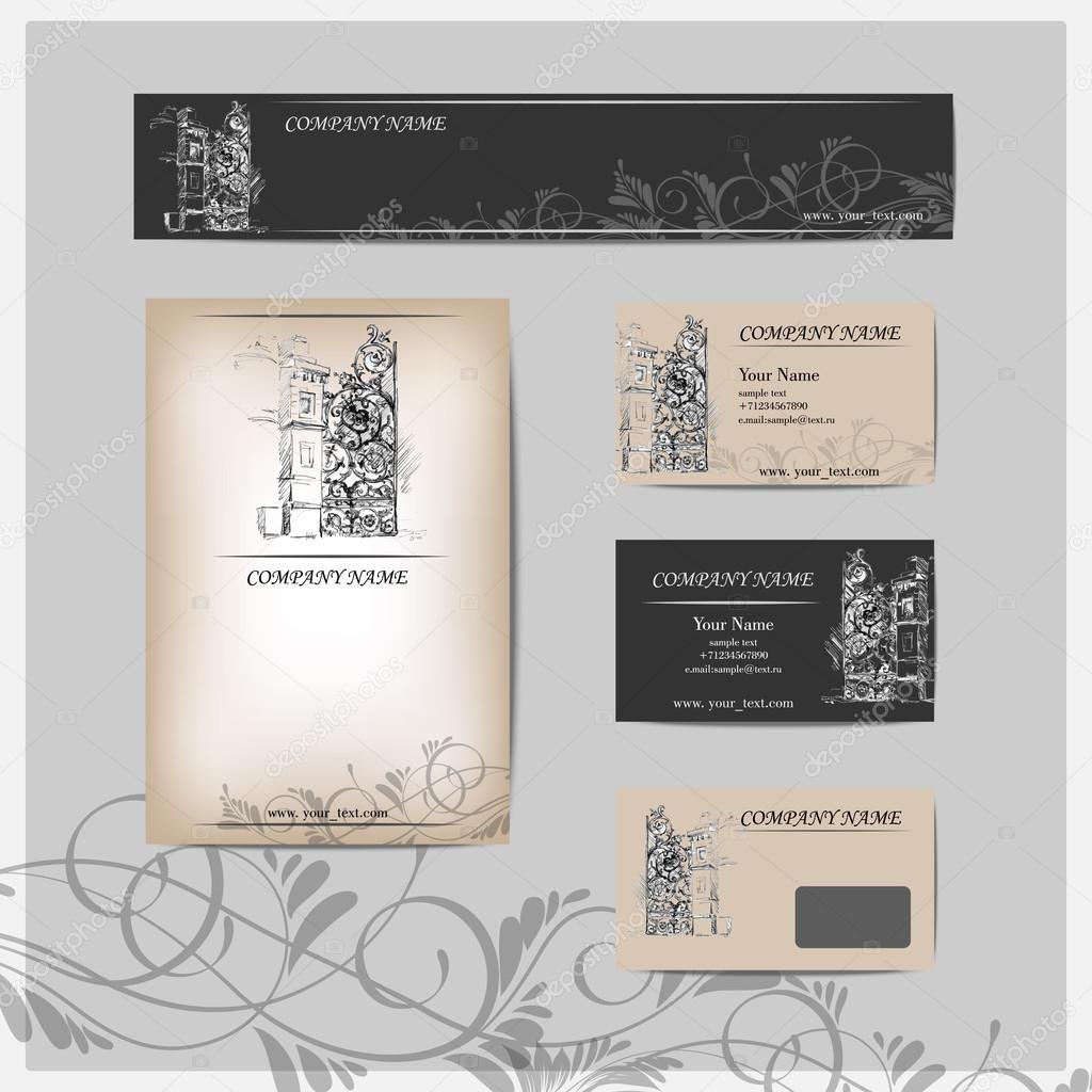 Corporate identity template design. Business cards design with Sketch Wrought iron gate. Vector illustration
