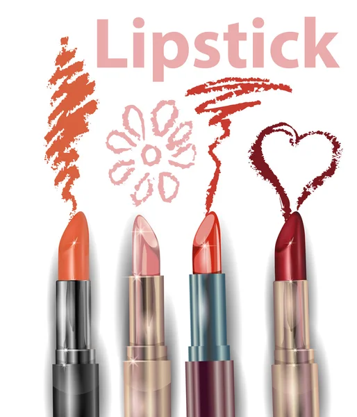 Lippenstift. Close-up van lippenstift uitstrijkje monster. Schoonheid en cosmetica achtergrond. Gebruik voor reclame-flyer, banner, leaflet. Sjabloon Vector. — Stockvector