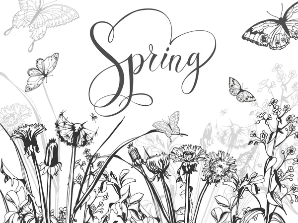 De achtergrond van de lente met gras, bloeiende paardebloemen en vlinders. Sjabloon Vector — Stockvector