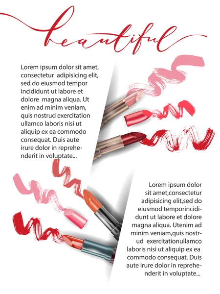 Lippenstift. Schoonheid en cosmetica achtergrond. Gebruik voor reclame flyer, banner, bijsluiter. Sjabloon Vector. — Stockvector