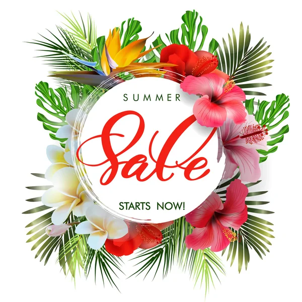 Summer sale Concept. Summer background with tropical flowers, butterflies. Template Vector. — Stock Vector