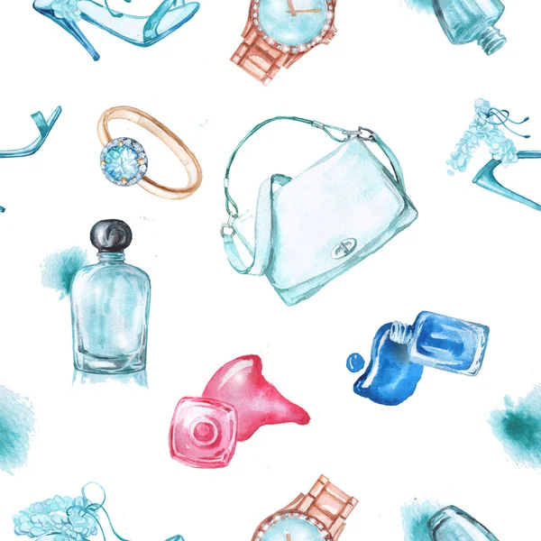 Nahtlose Aquarell-Mode und Kosmetik Hintergrund mit Make-up-Künstler Objekte: Damenuhr, Handtasche, Nagellack, Schmuck, Schuhe, Parfüm. — Stockfoto