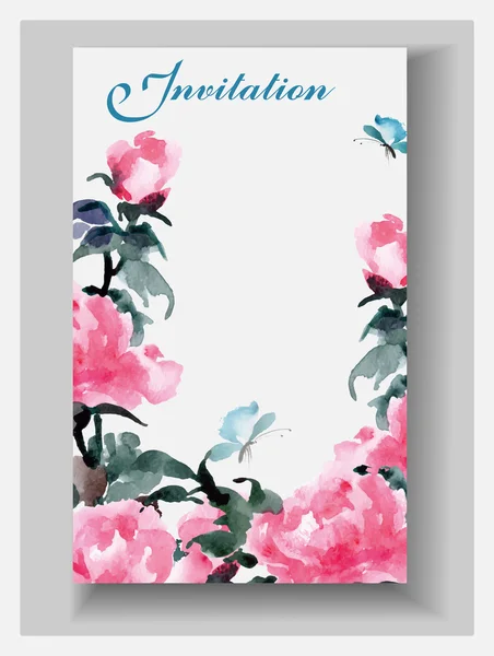 Hochzeitseinladungskarten mit Aquarell blühenden Pfingstrosen und Schmetterlingen. (Verwendung für Bordkarte, Einladungen, Dankeschön-Karte) Vorlagenvektor. — Stockvektor