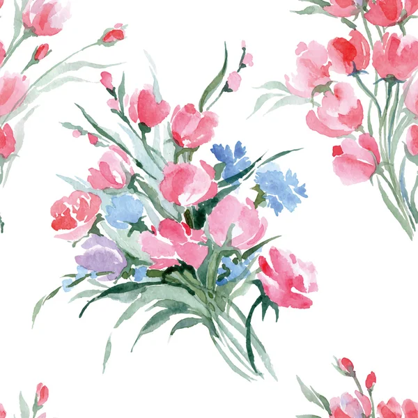 Nahtloses Muster mit einem Aquarellstrauß von Wildblumen. Sommer-Hintergrund. Vektorillustration. — Stockvektor