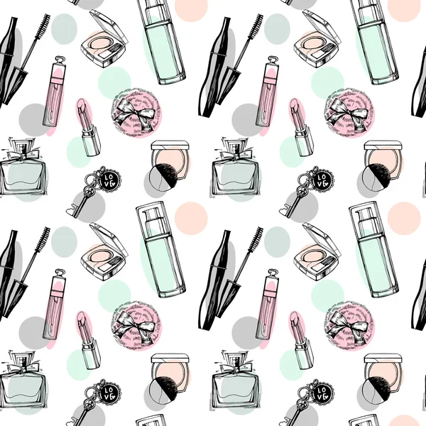 Fashionable seamless pattern with a beautiful perfume, mascara, keys, powder puff, blush. Cosmetics and fashion background. Vector illustration.