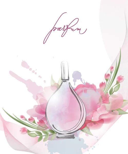 Frasco de perfume bonito com flores rosa bonitas florescendo. Fundo bonito e de moda. Modelo Vector . — Vetor de Stock