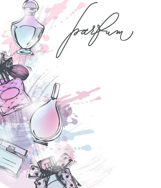 Hermoso frasco de perfume. Fondo hermoso y de moda. Ilustración vectorial — Vector de stock