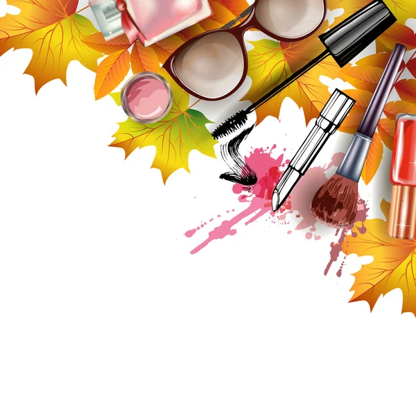 Fundo de outono com cosméticos e folhas de outono. Com lugar para o seu texto .Template Vector . —  Vetores de Stock