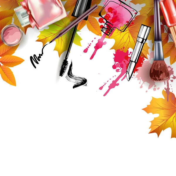 Hösten bakgrund med kosmetika och höstlöv. Med plats för din text. Mall vektor. — Stock vektor