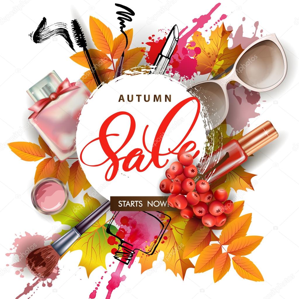 Sale banner with autumn leaves, cosmetics and Rowan berries. Vector Template. items cosmetics