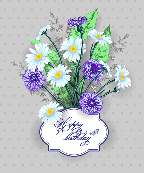 Vintage Birthday sen kart kır çiçekleri, papatyalar, cornflowers, çim. (Biniş Kartı, teşekkür kartı, davetiyeler için kullanın) Şablon Vektörü. — Stok Vektör